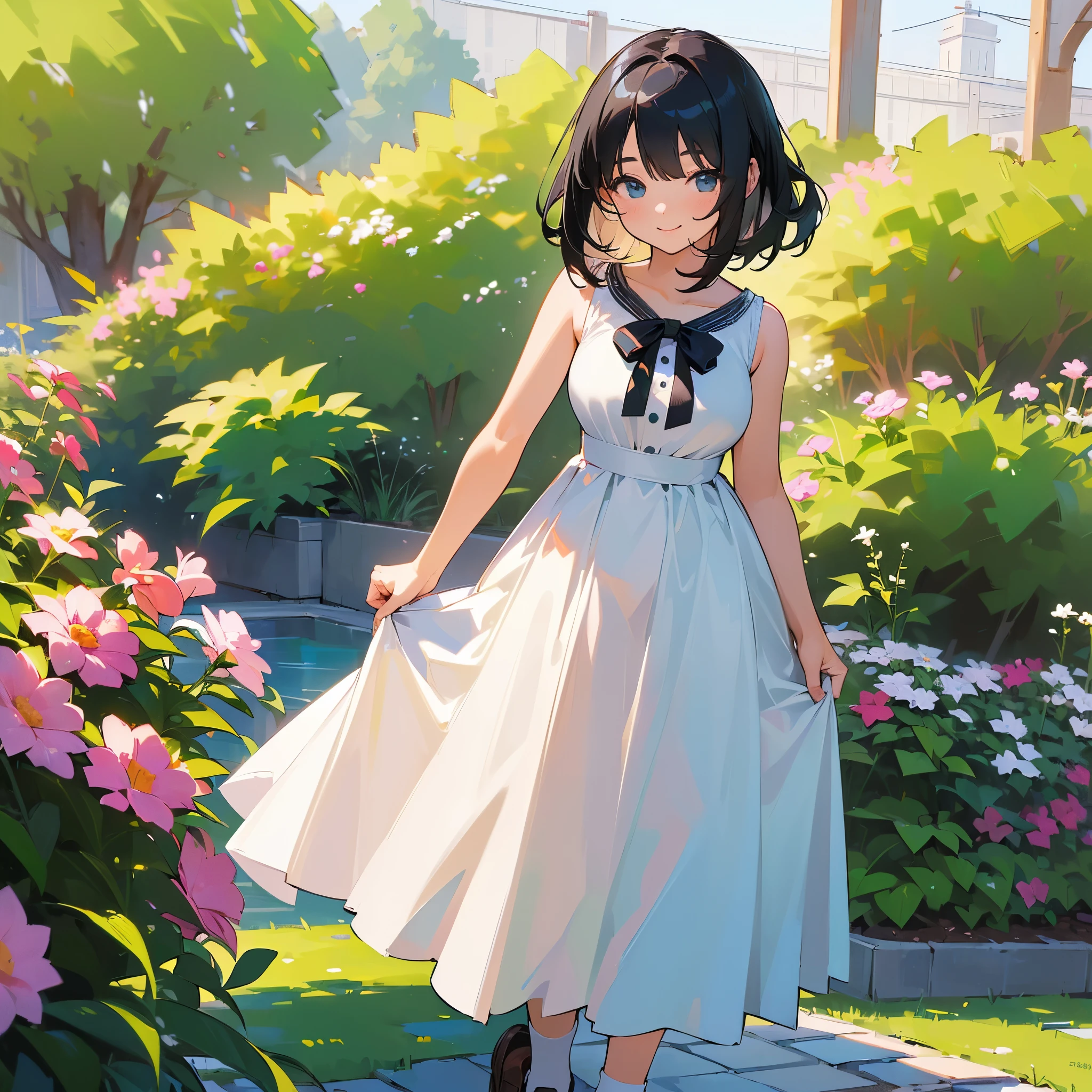 (high quality, High resolution, Very detailed, reality:1.37), Peaceful atmosphere, (Outdoor, garden), Teenage girl standing alone, (my breasts are big.), Beautiful details, Cute Smile, (Black bob hair), White sleeveless dress, socks, loafers.