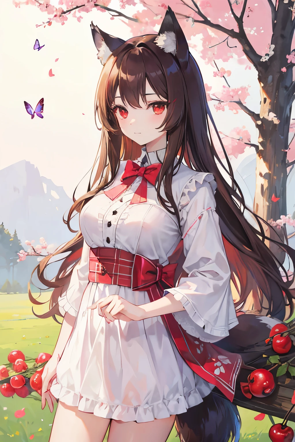 masterpiece,best quality, 1girl, solo, slight smile, slight smile, cherry, sunlight dapple, butterfly, grass animal ears,wolf ears,long hair, tail, wolf tail, red eyes, wolf girl,brown hair,,  