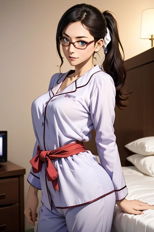 (masterpiece, highest quality), One Girl, Satou, Satou, Glasses, pajamas, Satou, Glasses, 赤いフレームのGlasses, In bed:1.5,Head to waist,Hotel Rooms,pajamas姿,