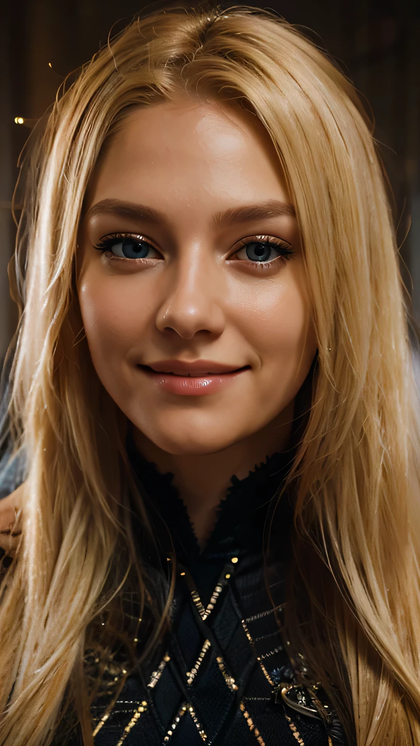 blonde hair, long hair, amber eyes, smile, Surrealism, cinematic lighting, UHD, super detail, high details, high quality, 8k