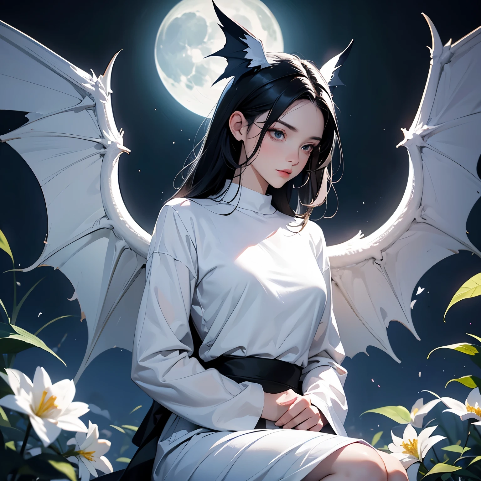 One woman, Very detailed , Light and vibrant colors , White bat wings growing , moonlight , Sitting , goddess , Beauty , cloud , Black Hair , Long sleeve black shirt , Small breasts , Looking down , Lots of flowers , Fantastic Light , Bad mood