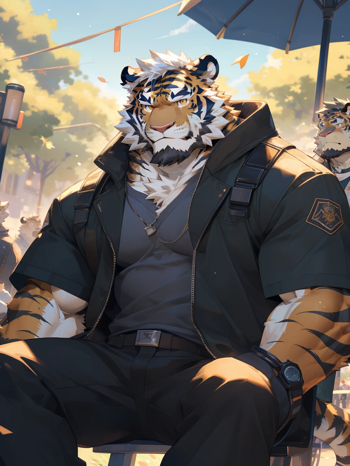 masterpiece，night，Anthropomorphic tiger，（（（white hair））），male，26 years old，thick eyebrows，Light-colored fur，Strong body，pectoralis major，（（（Future Mecha，Special Forces，A small amount of beard，Rounded face，Handsome and cute））Sweating，Smile，My face turned red，Look at the audience，Golden pupils，strong，Full body image，（（（Detailed character description））），Orange blue casual clothing，Tiger logo，White sports cap with tiger logo，orange headphones)，((Domestic tiger，Future simulation tiger beastman mimic)Plush fur，hairy，)，Bokeh，(high quality，High resolution ears，masterpiece)，(Static Lighting，Bright colors)，(calm，SmileLook at the audience者，Clothes are slightly wrinkled，Sitting under a big tree in the park, wearing headphones, taking out my phone, searching for songs, listening to music, and enjoying the cool)，(Face Focus)，Full body view(Close-up of face，Bottom view，full-body shot，Long-range shooting)，comics，author:Takemoto Arashi，You Zixiong，By Chunni，By Konggui，（background：Sit and rest under the tree1.5）Big green tree，Park Bench，grass，Fitness Equipment，Daytime，sunny，Auspicious Clouds，orange headphones，Mobile phone with tiger logo，background丰富
