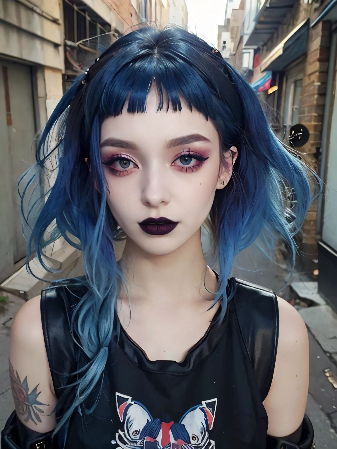  ((best quality)),((masterpiece)),((strikingly beautiful)), goth, excited, pale skin, smoky eyes, vivid colors, punk clothing, rock hairstyle, blue hair, black lips, abandoned street, body view, microbangs