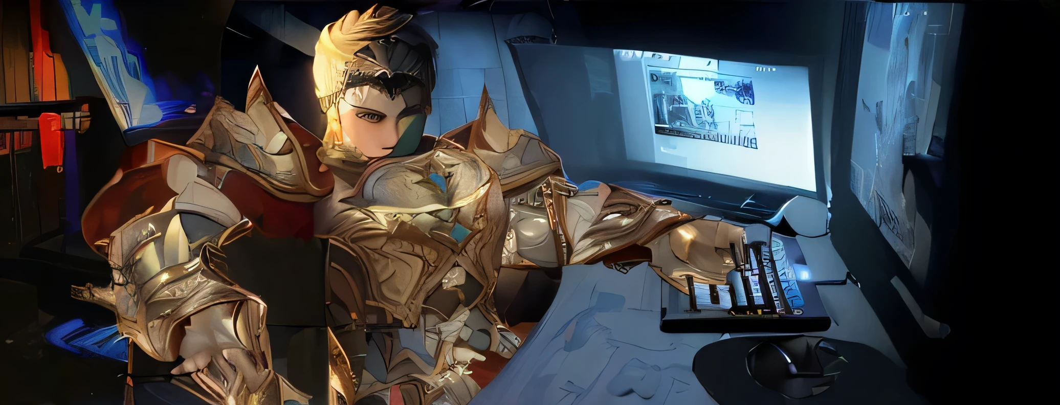 ((mejor calidad, 8k, Obra maestra :1.3)), Warrior de lineage 2 ( un mmorpg) (cabello rubio y en punta) jugando en una computadora en la vida real, con una armadura dynasty heavy puesta.