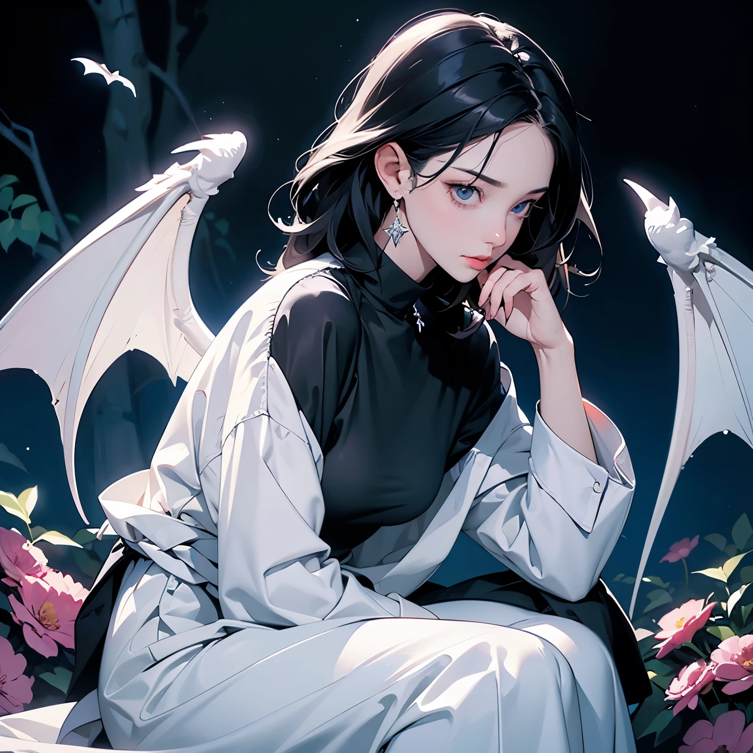 One woman, Very detailed , Light and vibrant colors , White bat wings growing , moonlight , Sitting , goddess , Beauty , cloud , Black Hair , Long sleeve black shirt , Small breasts , Looking down , Lots of flowers , Fantastic Light , Bad mood