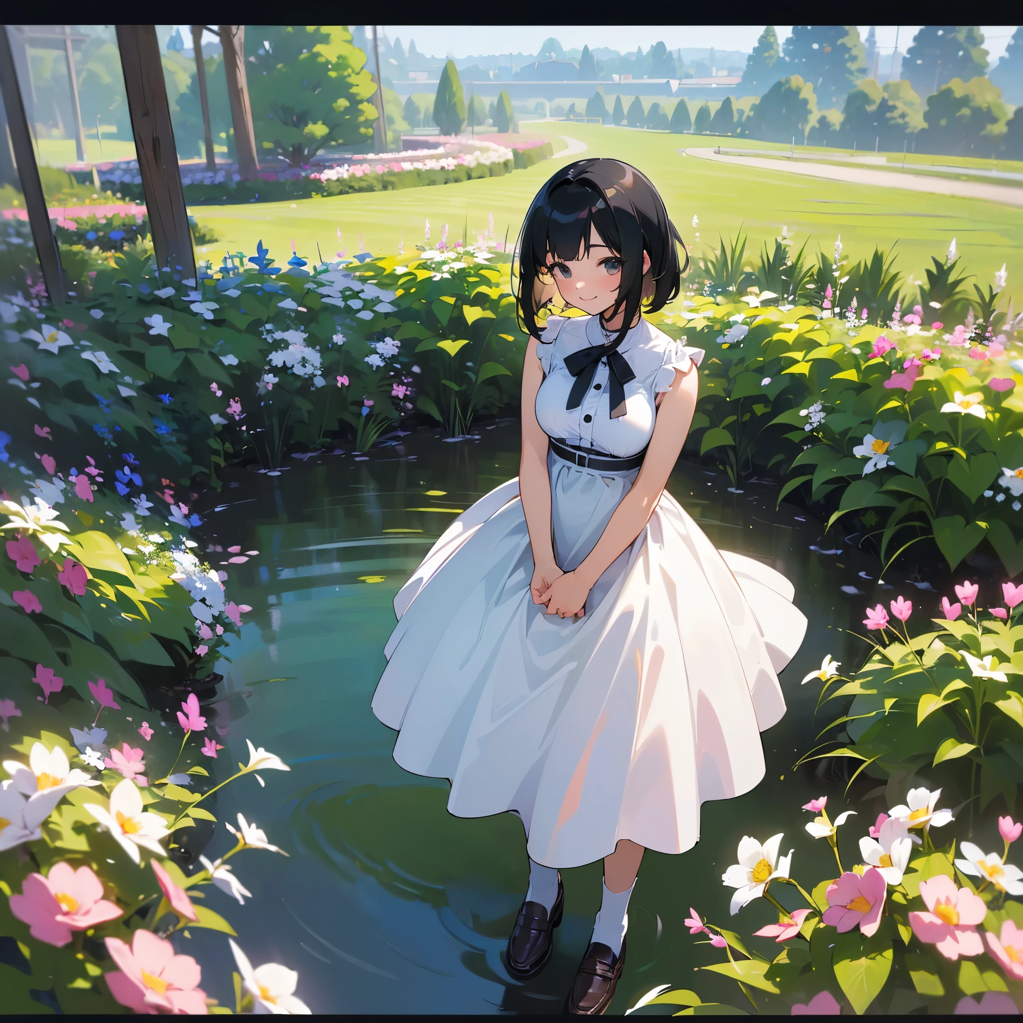 (high quality, High resolution, Very detailed, reality:1.37), Peaceful atmosphere, (Outdoor, garden), Teenage girl standing alone, (my breasts are big.), Beautiful details, Cute Smile, (Black bob hair), White sleeveless dress, socks, loafers.
