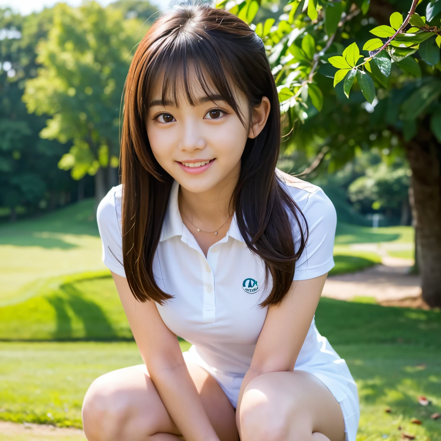 (Best-quality, Masterpiece, Ultra-High-Resolution, (Photorealistic:1.4), Raw Photo,  depth of field, professional lighting, perfect anatomy, extremely details), 1girl, 15-years-old, the most famous Japanese idol, wearing golf wear, squatting at golf course, ((extremely cute face, ((extremely cute and extremely big eyes)), extremely cute hairstyle, extremely beautiful skins)), extremely cute long-eyelashes, extremely cute lips, childish body, extremely beautiful thighs, extremely beautiful legs, innocent smile, looking at viewer, detailed golf-wear, detailed golf-course