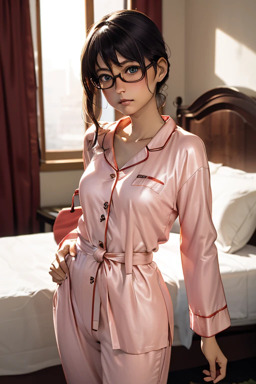 (masterpiece, highest quality), One Girl,  Satou, Satou, Glasses, pajamas, Satou, Glasses, 赤いフレームのGlasses, In bed:1.5,Head to waist,Hotel Rooms,pajamas姿,