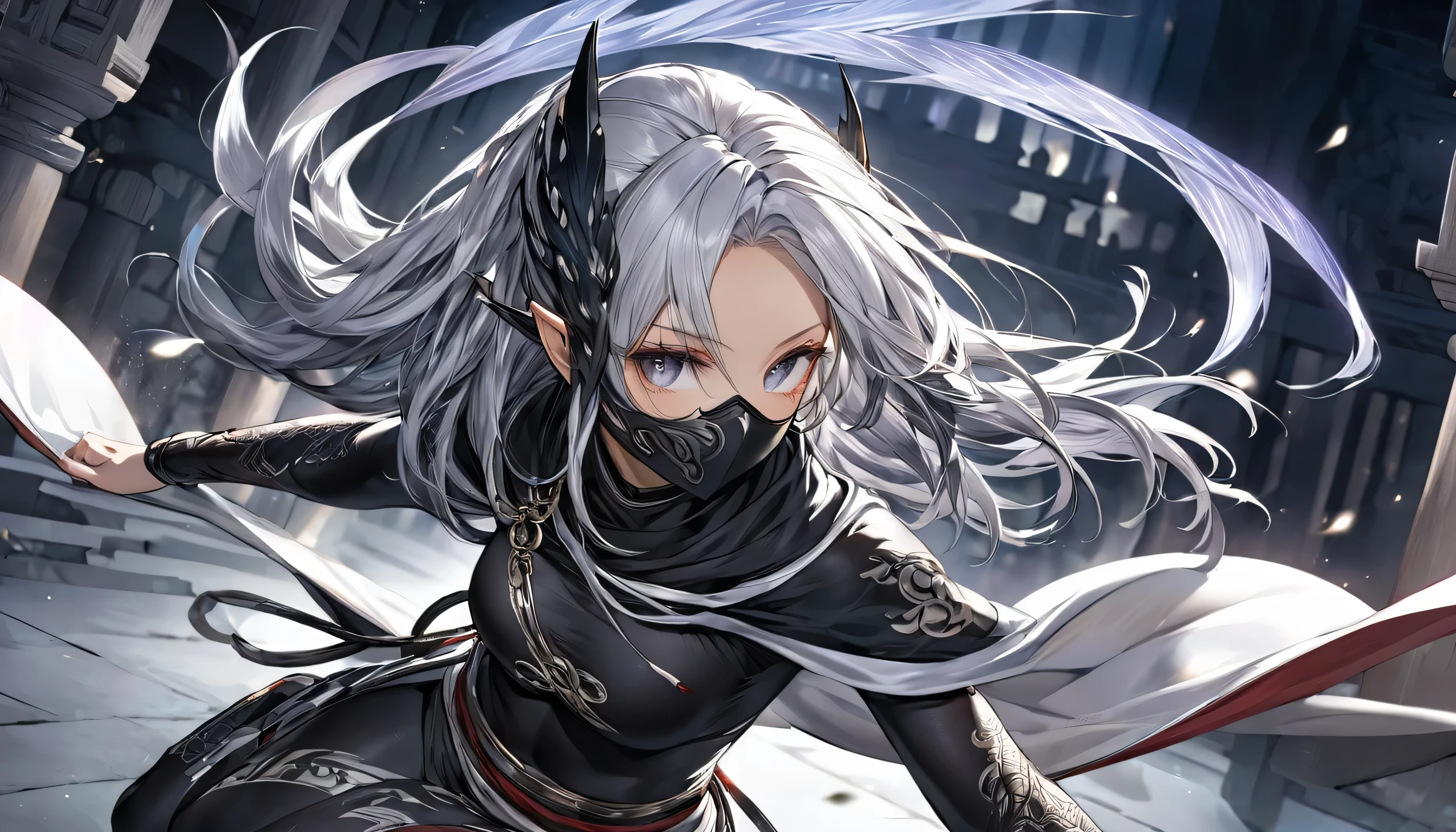 panoramic ((black skin Ninja elf woman style)), side view ((in a ninjai Costume, black mask)) (solo, black skin, Dreadlocks:1.3 silver hair long hair beautiful elf woman, detailed silver eyes, 1000 yo, , serious face), ((running with effect wind:1.2)), BREAK, (in the Temple of Darkness, in night), perfect anatomy, masterpiece, best quality, 16k.