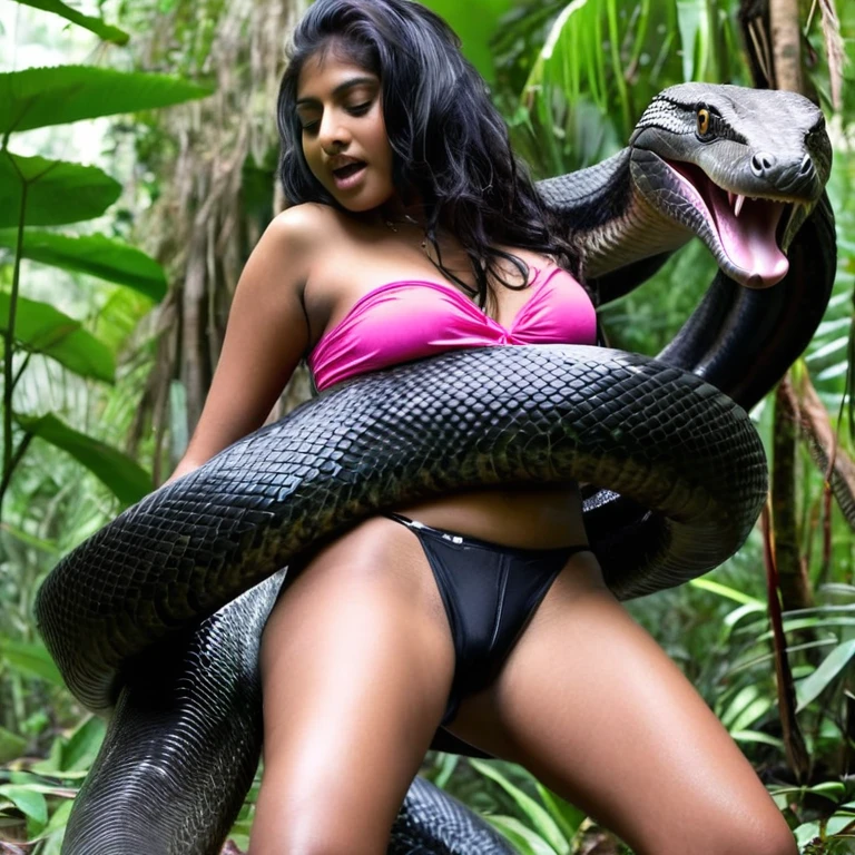 Topless pink thong wearing aroused horny beautiful happy indian girl vs Giant black anaconda monster wrapped around her body squeezing her in coiled embrace cuddling and kissing sexual erotic bestiality sex realistic in the rainforest full body, best quality wet