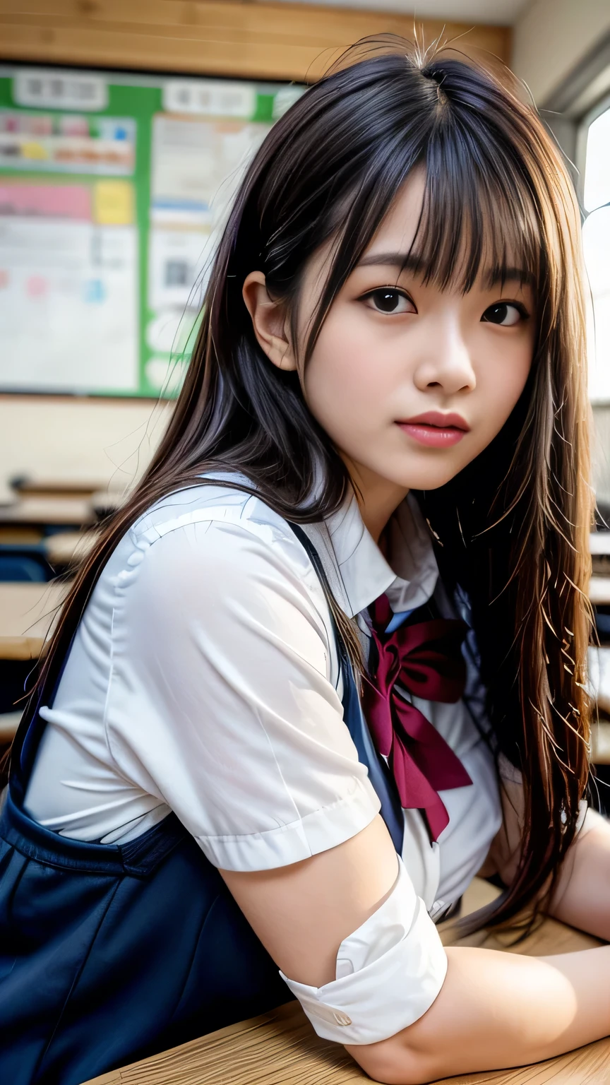 8k,highest quality, Tabletop, Ultra-detailed, 超A high resolution, Realistic, RAW Photos, Absurd, The absolute solution, One Girl, alone,Upper Body Shot, View your viewers,Young and beautiful woman in Japan, Super cute face, Attractive person, Large Breasts , Long Bob Hair ,smile,(school uniform:1.3), Learning Environment, classroom, Teachers and students, teaching materials, academic achievements, The glossy lips of lifelong learning, Double eyelids on both eyes, Natural Makeup, Long eyelashes, Shiny and smooth light brown long bob hair, Asymmetrical bangs, Shiny skin, Center image, High resolution, Attention to detail, Detailed hairstyle, Detailed face, Great cinema lighting, Octane Rendering, Vibrant, Ultra-realistic, Perfect limbs, Perfect Anatomy