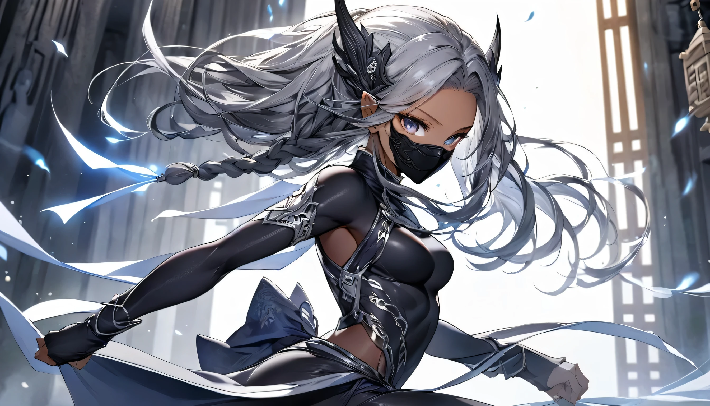 panoramic ((black skin Ninja elf woman style)), side view ((in a ninjai Costume, black mask)) (solo, black skin, Dreadlocks:1.3 silver hair long hair beautiful elf woman, detailed silver eyes, 1000 yo, , serious face), ((running with effect wind:1.2)), BREAK, (in the Temple of Darkness, in night), perfect anatomy, masterpiece, best quality, 16k.