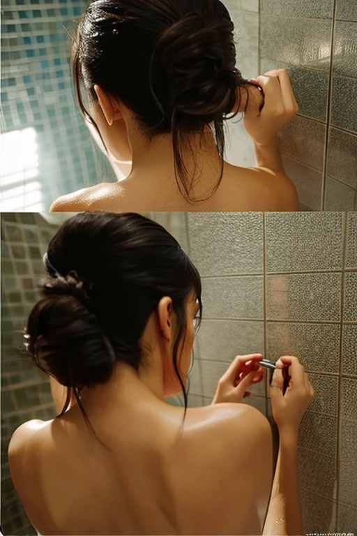 cute, 16歳アイドルのようにcute20歳少女、height: 150cm、(Shower room in a luxury hotel)、((Completely naked))、(Washing your hair in the shower)、((Diagonal rear view))、Natural light、Artistic、RAW Photos、Genuine、live-action、realism、masterpiece、RAW Photos、High resolution、