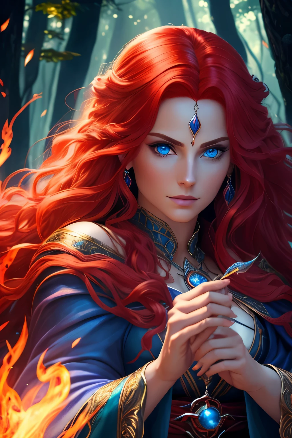 (best quality,4k,8k,highres,masterpiece:1.2),ultra-detailed,(realistic,photorealistic,photo-realistic:1.37), a powerful Sorceress with scarlet hair and piercing blue eyes, wearing a flowing robe, casting spells in a mystic forest. The Sorceress's scarlet hair is beautifully flowing in the wind, radiating a vibrant glow. Her piercing blue eyes are filled with ancient wisdom, sparkling with magic.