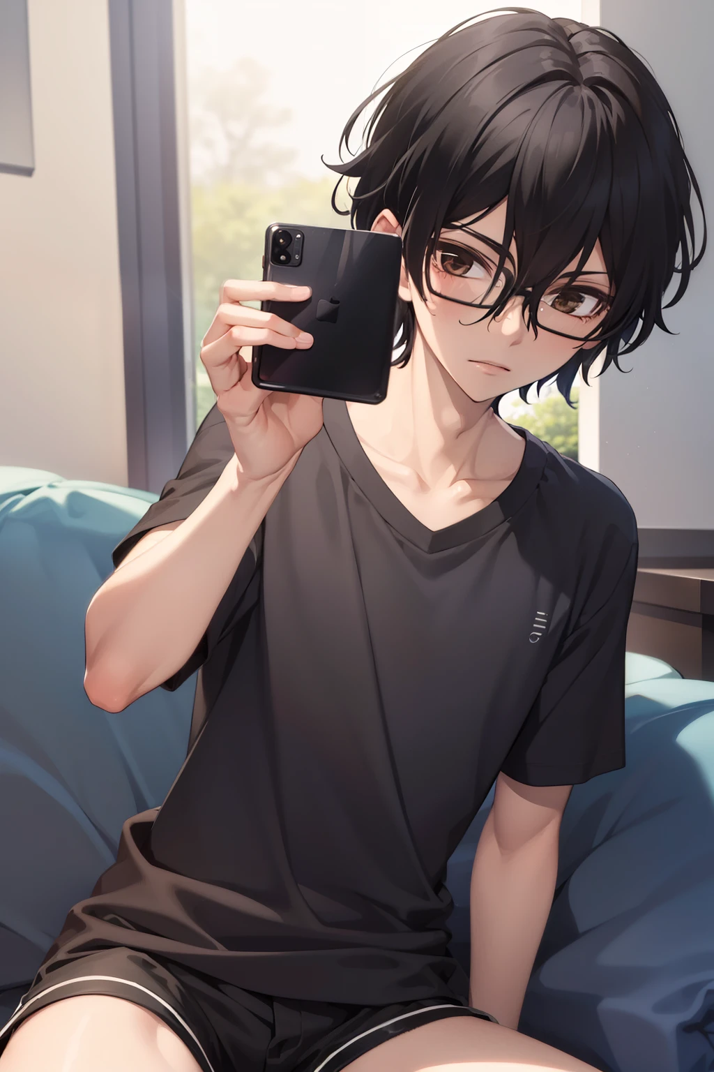 masterpiece, best quality, wallpaper, selfie,1boy, solo, depth of field, momo_sakaki, black hair, brown eyes, hair between eyes, black shirt, Short sleeves shirt,black shorts, glasses, 16k resolution