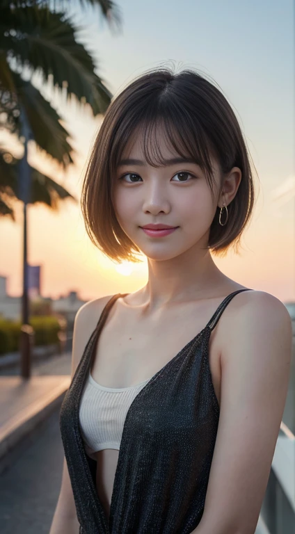 (highest quality,8K quality,masterpiece:1.3),(Ultra-high resolution,Photorealistic:1.4,RAW Photos),(Very detailed,Caustics,Detailed Background),(Ultra-Realistic Capture,Fine and beautiful skin,Perfect Anatomy),At dusk,Sunset sky,School building,Schoolyard,17 years old,cute,single eyelid,Black short bob,Revealing clothing,Looking at the camera,smile,Bust up shot,Natural soft light,(Small chest:1.2)