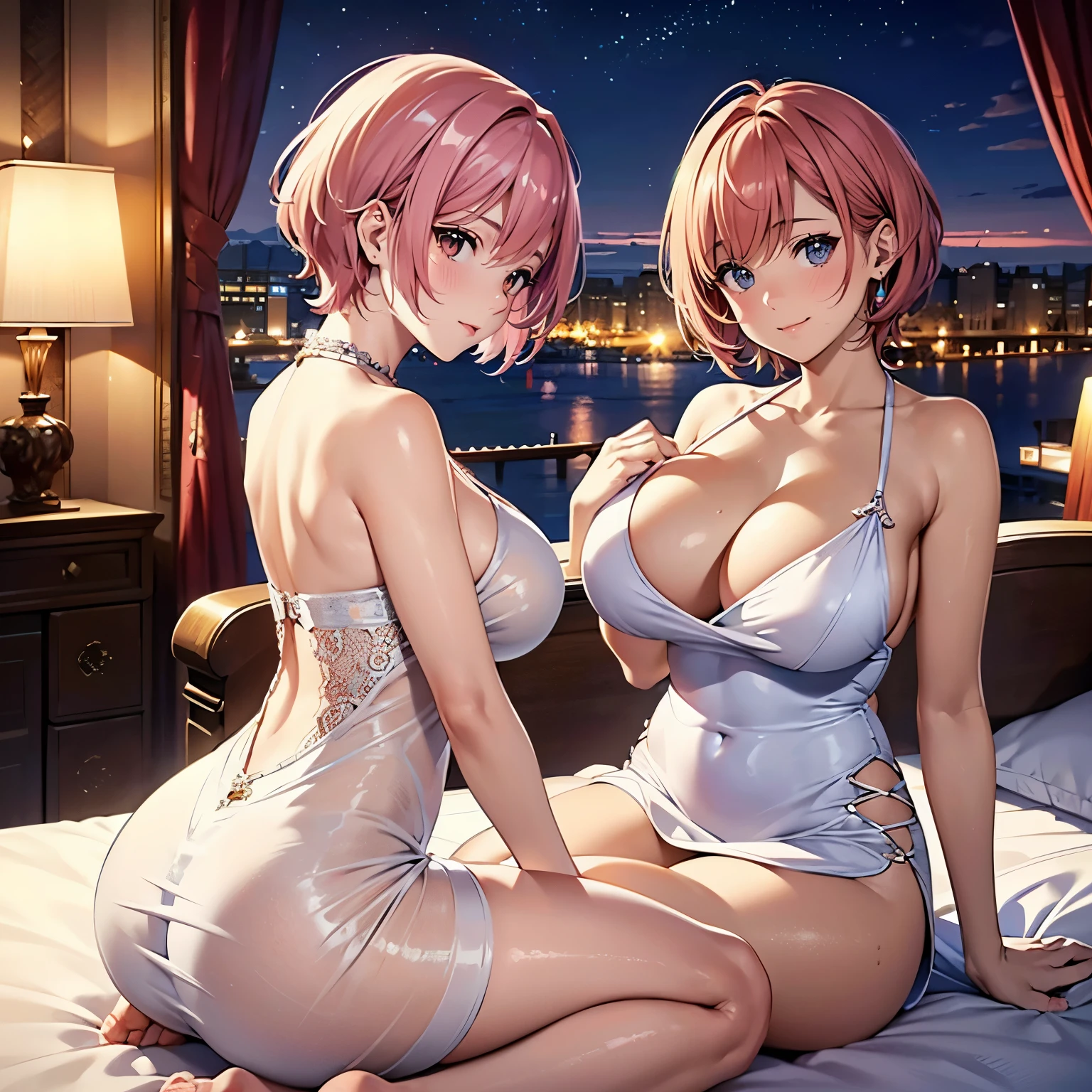 (highest quality,High resolution,(Ultra-fine mesh,4K), (ultra High resolution,8k),masterpiece), (Perfect Anatomy,Anatomically correct), (Angle from below), (Soft lighting, rendering), ((Very beautiful goddess mother and daughter)), ((grabbing each other&#39;chest)), (((Evening Mini Dress))), ((Beautiful view from the luxury hotel lounge)), (smile), (From the back, look back:1.2), (Attractive expression), (Very detailed and beautiful face), (Clear double eyelids), (大きなchest:1.3), (Soft Skin), (that&#39;Photorealistic), (Shiny skin), (Pink Hair), (Pixie Cut)