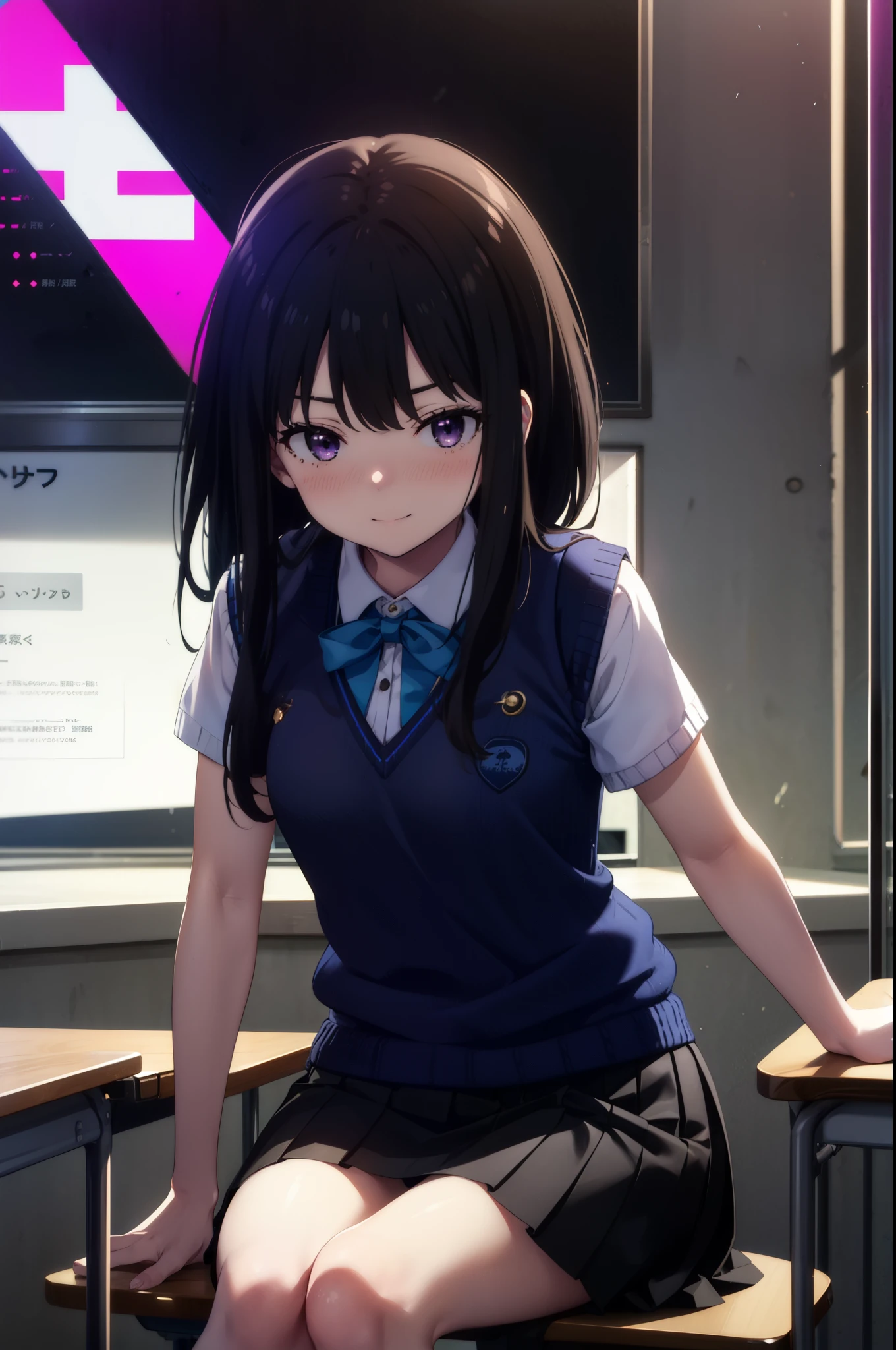 Takiuchi, Inoue Check, Long Hair, bangs, Black Hair, (Purple eyes:1.2),smile,blush,full body,
white yシャツ, Short sleeve, Pleated skirt, Collared shirt, mini skirt, Black pantyhose, (Black Skirt:1.5), Sweater vest, (blue Sweater vest:1.5),Brown Loafers,Daytime,sunny,sitting cross-legged on a chair,whole bodyがイラストに入るように, break looking at viewer whole body,
break indoors, School classroom,
break (masterpiece:1.2), highest quality, High resolution, unity 8k wallpaper, (shape:0.8), (Beautiful details:1.6), Highly detailed face, Perfect lighting, Extremely detailed CG, (Perfect hands, Perfect Anatomy),