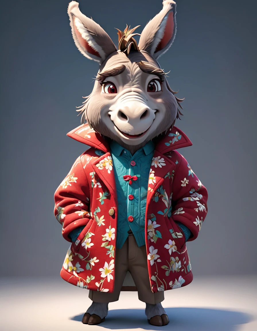 3D，C4D，disney art of animation，personification，donkey man，Donkey-headed man，Wearing a Northeastern red floral thick cotton coat，Cross your arms，Head stubbornly turned to one side，warmth，Cute and adorable，cartoon，OC Renderer，8k，high quality，masterpiece