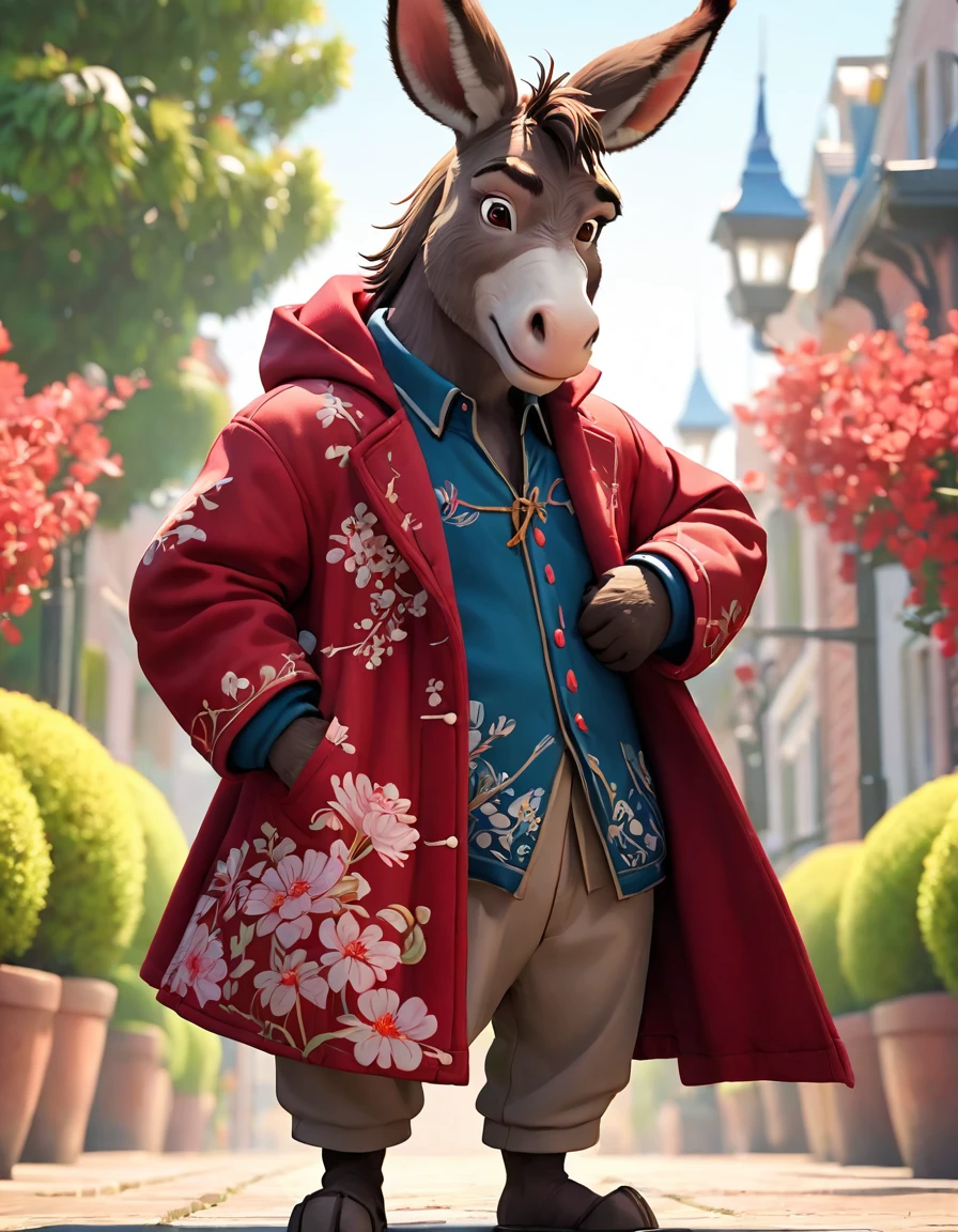 3D，C4D，disney art of animation，personification，donkey man，Donkey-headed man，Wearing a Northeastern red floral thick cotton coat，Cross your arms，Head stubbornly turned to one side，warmth，Cute and adorable，cartoon，OC Renderer，8k，high quality，masterpiece