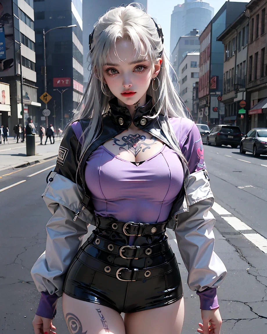 One Girl, Gray Hair, Long Hair, Techwear masterpiece, highest quality, Realistic, Dark purple jacket, Portraiture, fine grain, Platinum Hair, 21 year old girl, Fashion pose, Half Body, Wide Shot, on the road, cyber punk,(((He has many tattoos all over his body)), (((Tight waist))), ((Big Breasts)),(See-through),panties