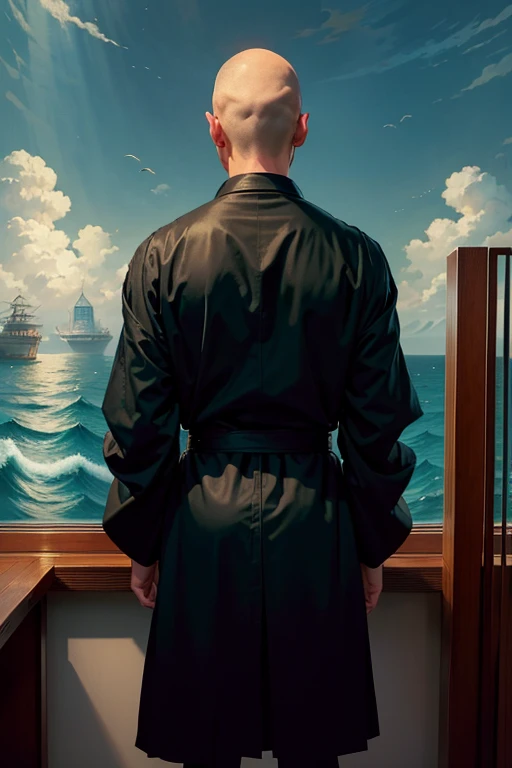 ((Highest quality))、((masterpiece))、(An illustration)The back of a Japanese monk、Round shaved head、Skinhead、Chinese ports、Rough seas、Broken ship、Black robe、Buddha、saint、