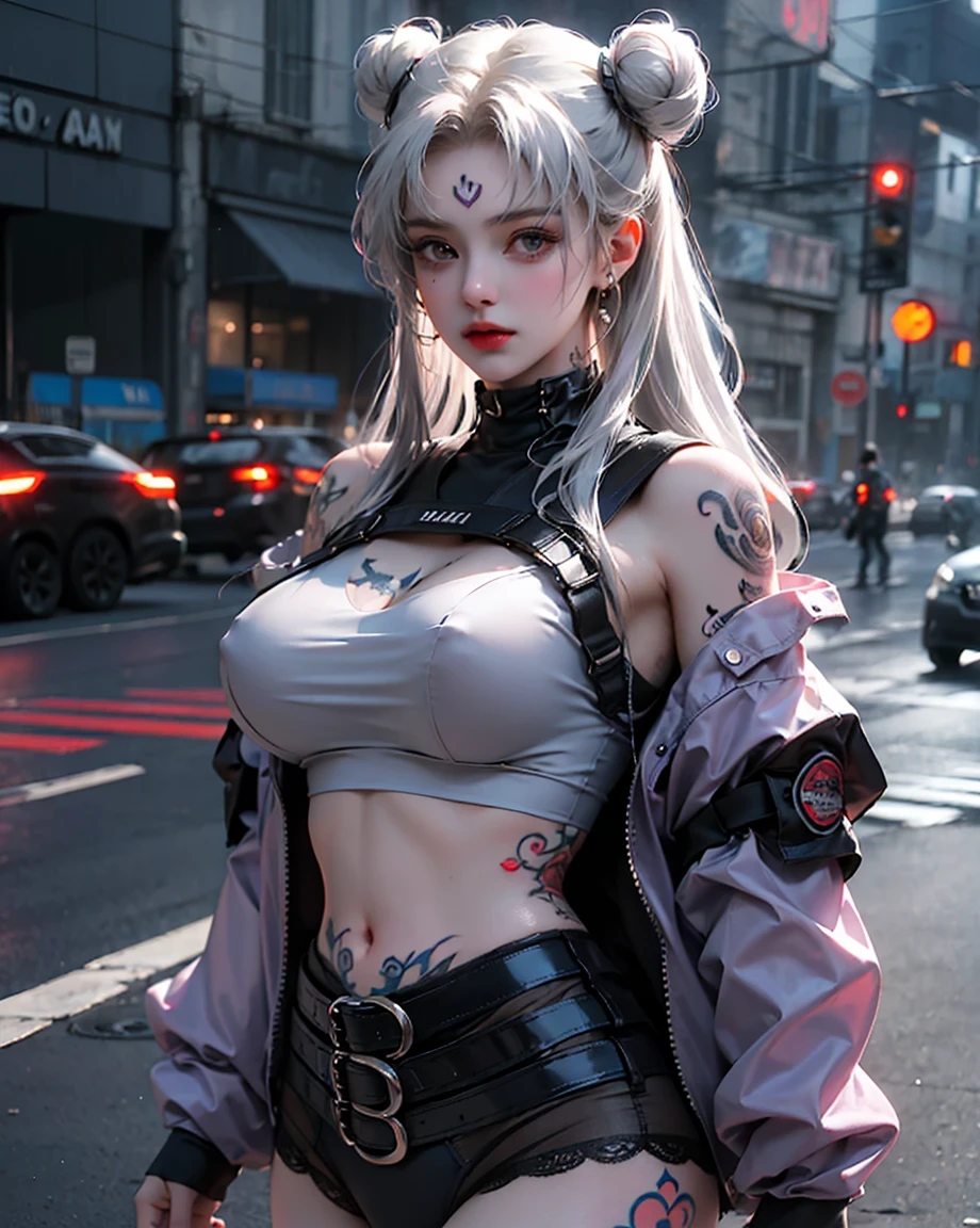 One Girl, Gray Hair, Long Hair, Techwear masterpiece, highest quality, Realistic, Dark purple jacket, Portraiture, fine grain, Platinum Hair, 21 year old girl, Fashion pose, Half Body, Wide Shot, on the road, cyber punk,(((He has many tattoos all over his body)), (((Tight waist))), ((Big Breasts)),(See-through),panties