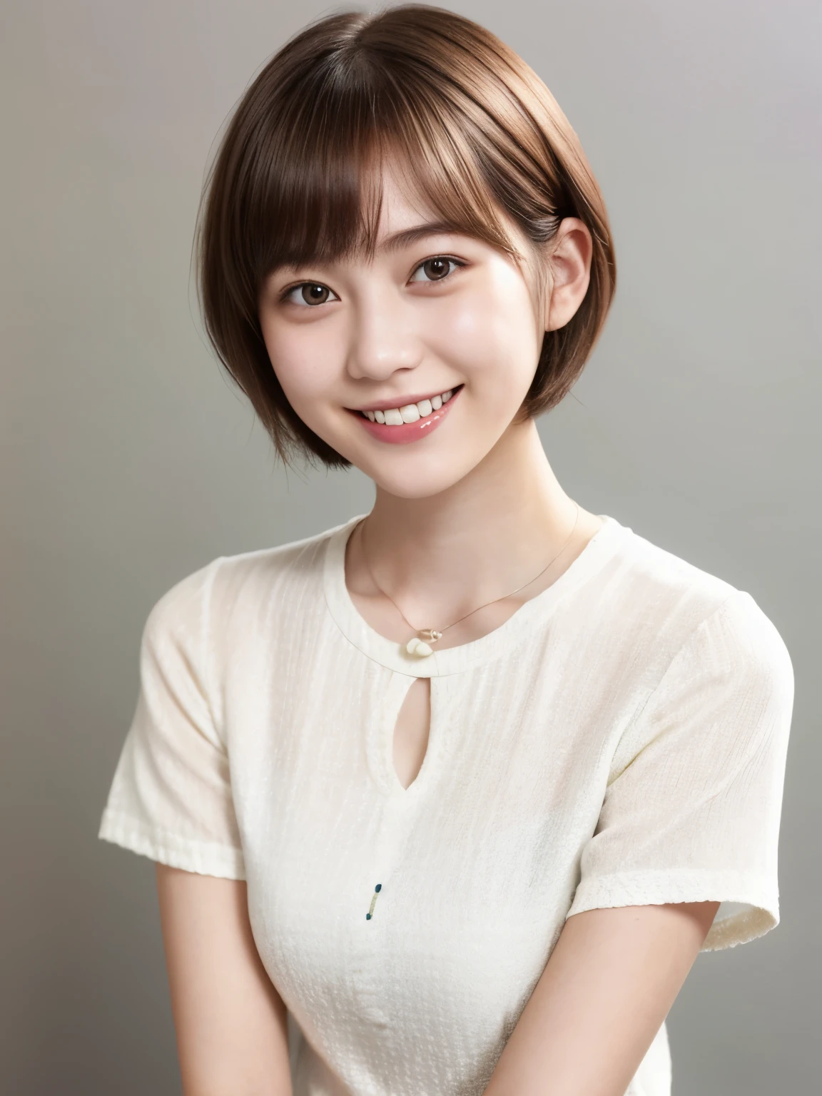 225 Short Hair, 20-year-old woman, A kind smile, (Light-colored short-sleeved clothing)