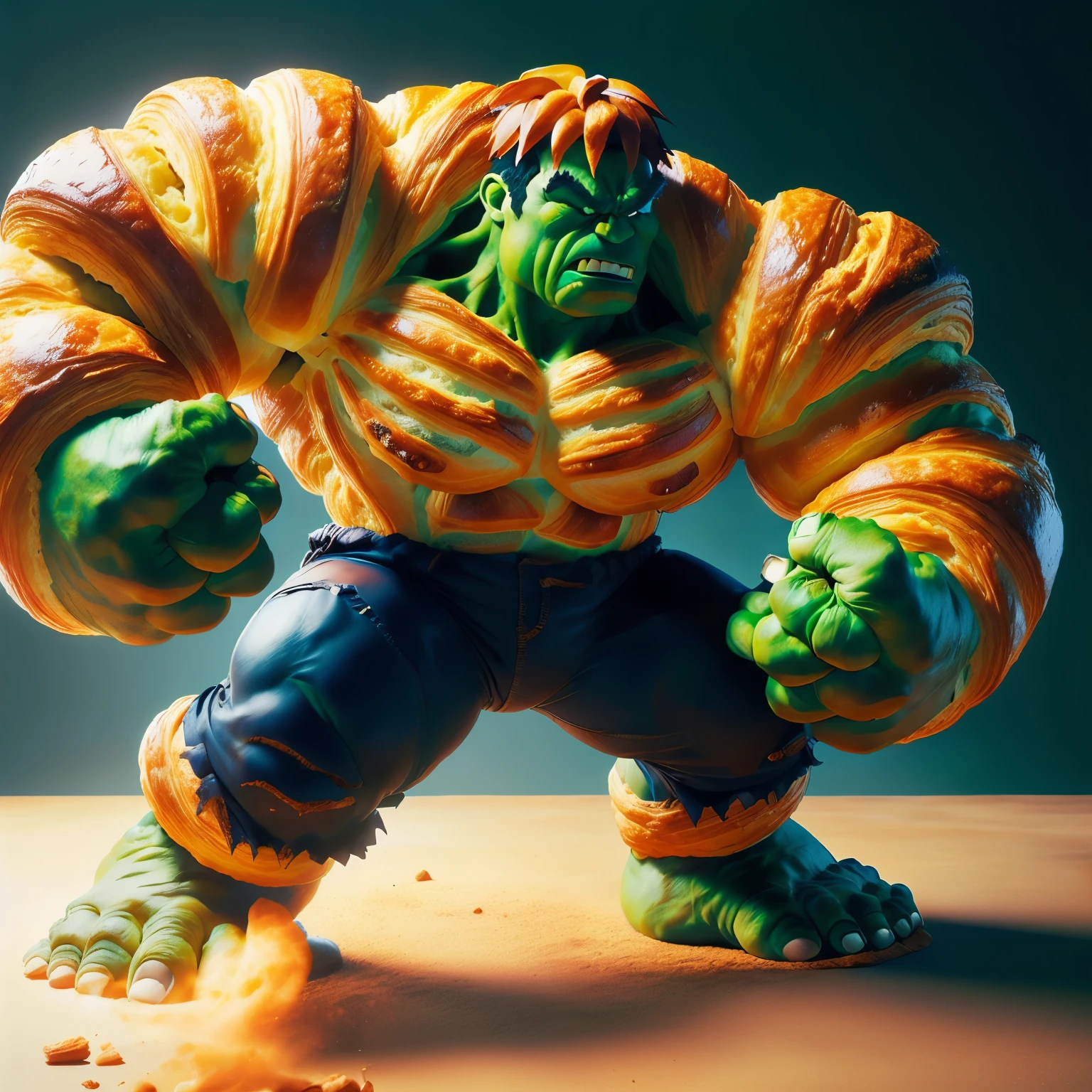 Croissant-carving,a realistic FIGHTING HULK entirely from croissants,realistic style,cinematic feel,