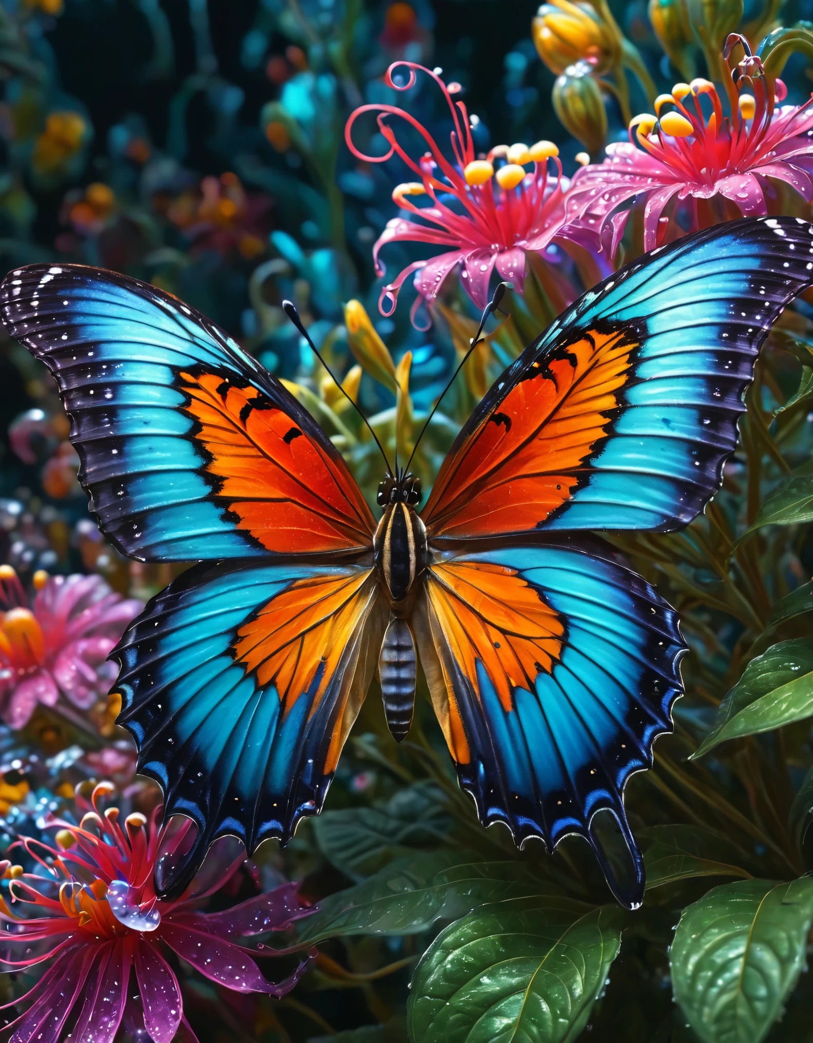 (best quality,4k,8k,highres,masterpiece:1.2),ultra-detailed,(realistic,photorealistic,photo-realistic:1.37),blingbling butterfly,weird evil mix colored flower,depth of field,tentacles,blur background,illustration,vibrant colors,portraits,soft lighting.