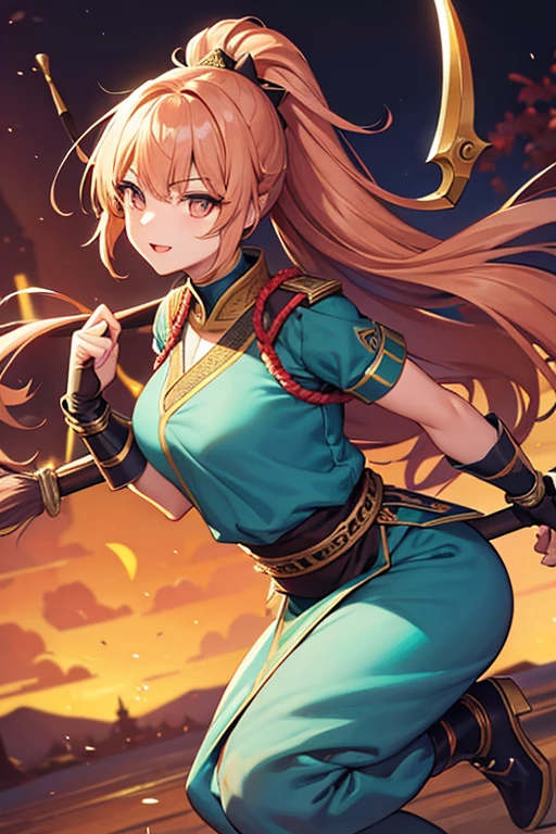 (highest quality), Detailed Background, Oriental nobility,Warrior Girl,Martial Arts,has a halberd,They are, Monster Army