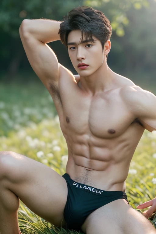 1 Man, ((male model )) healthy skin, masterpiece, best quality, most handsome man in the world, by Kim Soo-hyun, prefect body, beautiful male model, an attractive man 18-24 years old aesthetic, at spring flower booming, green fields, spring, plains, trees, flower, blue sky, ruggedly handsome young man wearing a black sexy bikini thong, mascular, lifted arms, spread legs, pubes, sitting, shirtless, ((smooth body)), super cute, dynamic pose, cool and seductive, dramatic lighting, full body shot, youthful face, full body, body without hair, tall, fit body, dominant, Caucasian or white skin, youthful face, firm body, high definition, natural flesh tones, soft light, highly detailed, looking at viewer, photography, detailed skin, real person, realistic, photo-realistic, insanely detailed, face detail, hype maximalist, hype hyperrealism, cinematic, telephoto, lighting intricate details, highly detailed, digital painting, artstation, concept art, smooth, sharp focus, illustration, Unreal Engine 5, 8K, art by Ross Tran and greg rutkowski and alphonse Mucha, UHD, 8k, show only male.8k uhd, dslr, dim lighting, high quality, film grain, Fujifilm XT3, male only fan, pair model.
