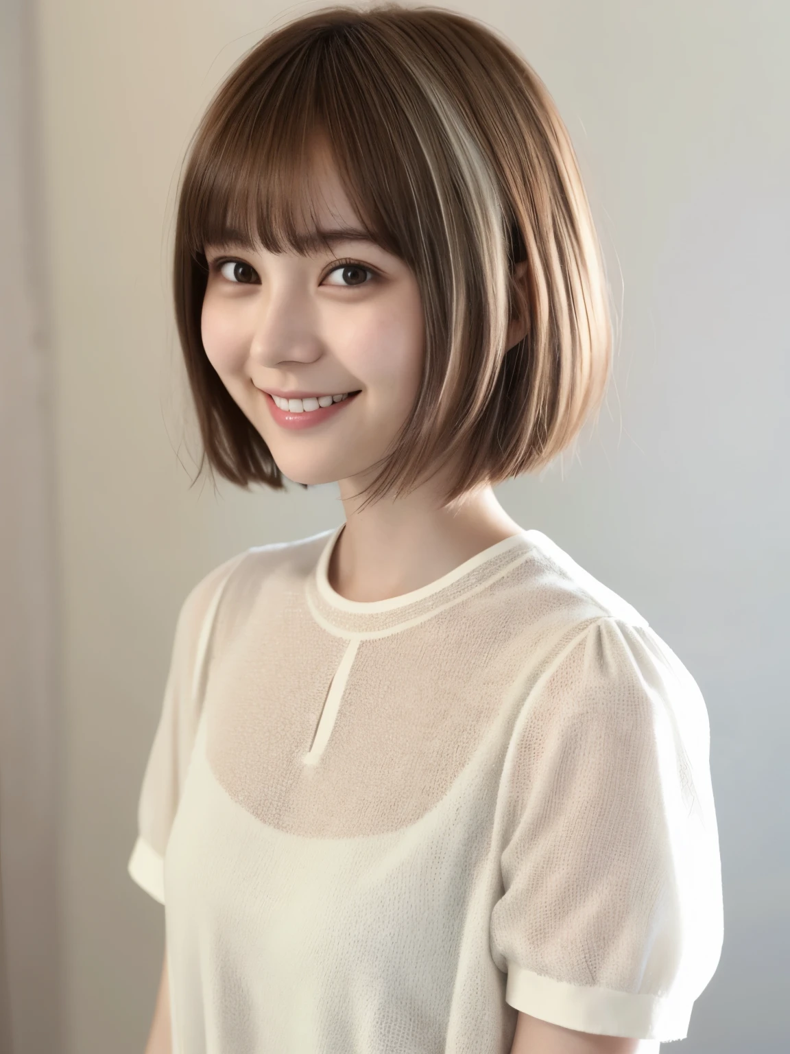 225 Short Hair, 20-year-old woman, A kind smile, (Light-colored short-sleeved clothing)