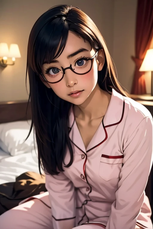 (masterpiece, highest quality), One Girl, Satou, Satou, Glasses, pajamas, Satou, Glasses, 赤いフレームのGlasses, In bed:1.5,Head to waist,Hotel Rooms,pajamas姿,