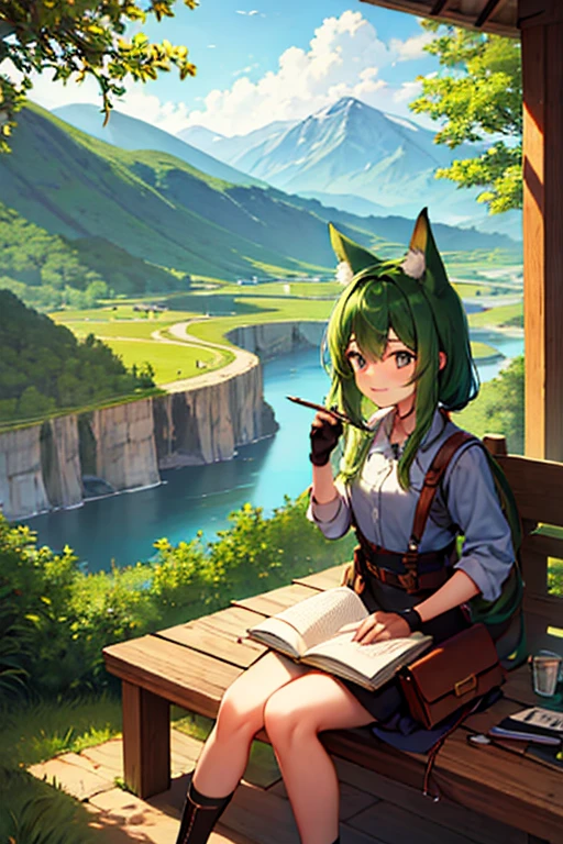 masterpiece, highest quality,, One girl, Sitting, animal, animal ears, bird, black_hair, Book, Bookmark, branch, gloves, Grass, green hair, Holding, Holding Book, Food, Food down, leaf, View your viewers, multicolored hair, open_Book, partially fingerless gloves, pen, plant, Pouch, 羽pen, read, Sitting, smile, alone, tail, wood, wood stump,, null, sun, Mountain, forest, lake