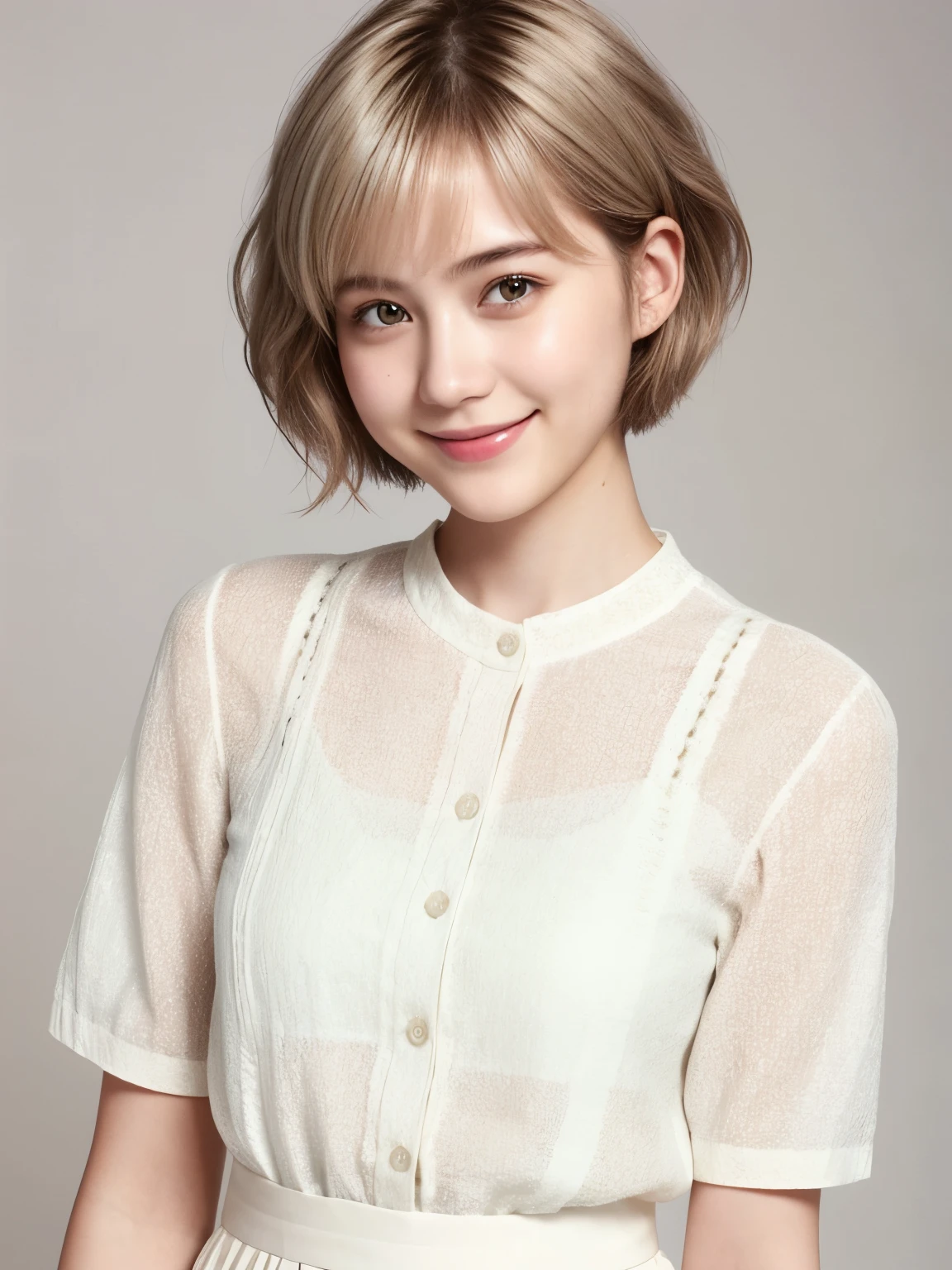 225 Short Hair, 20-year-old woman, A kind smile, (Light-colored short-sleeved clothing)