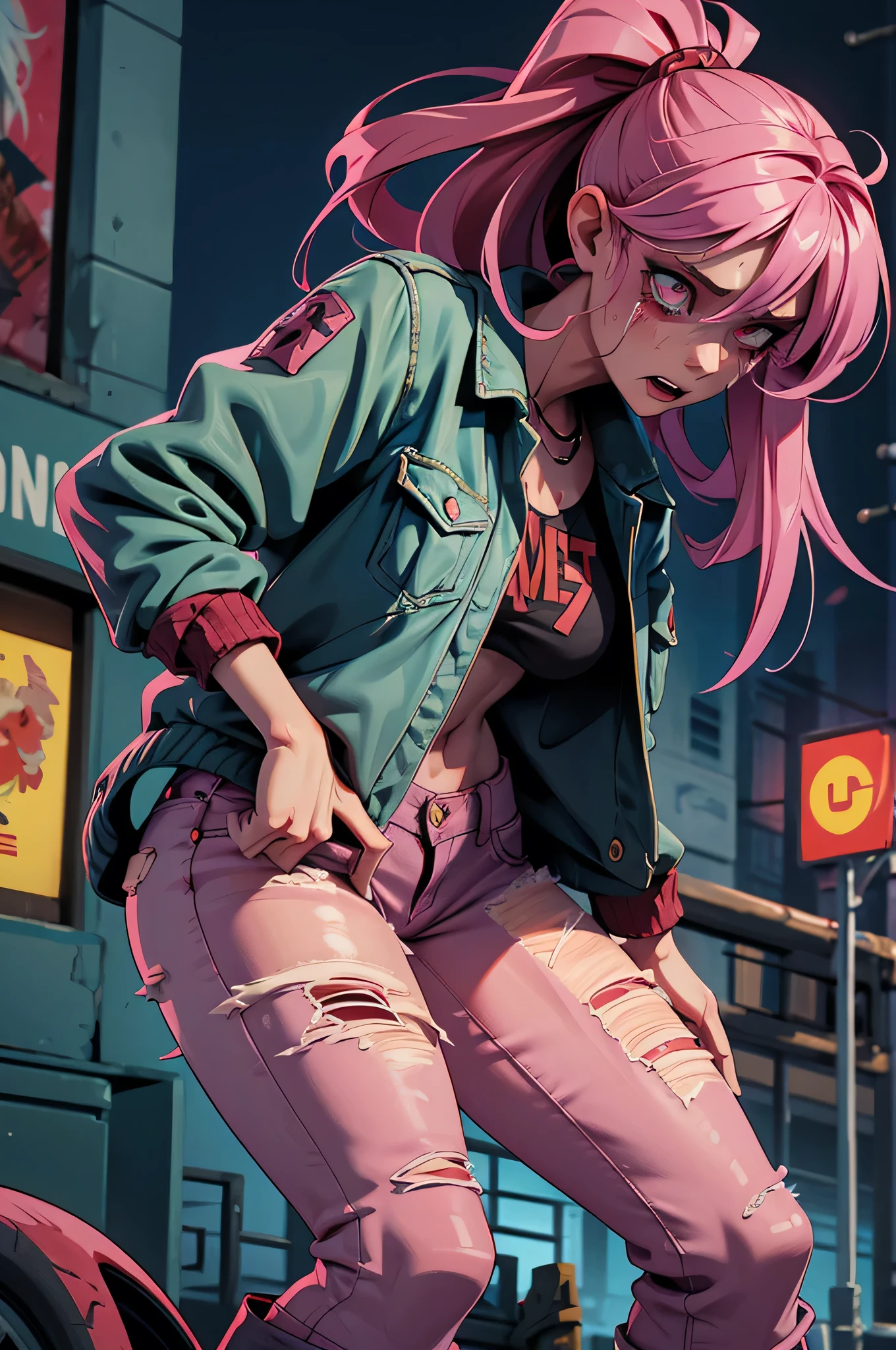  female full zombie. pink skin, zombie skin, vivid, ripped clothes, ripped skin, tears, night background city blood, gore, jeans, boots, lost face 