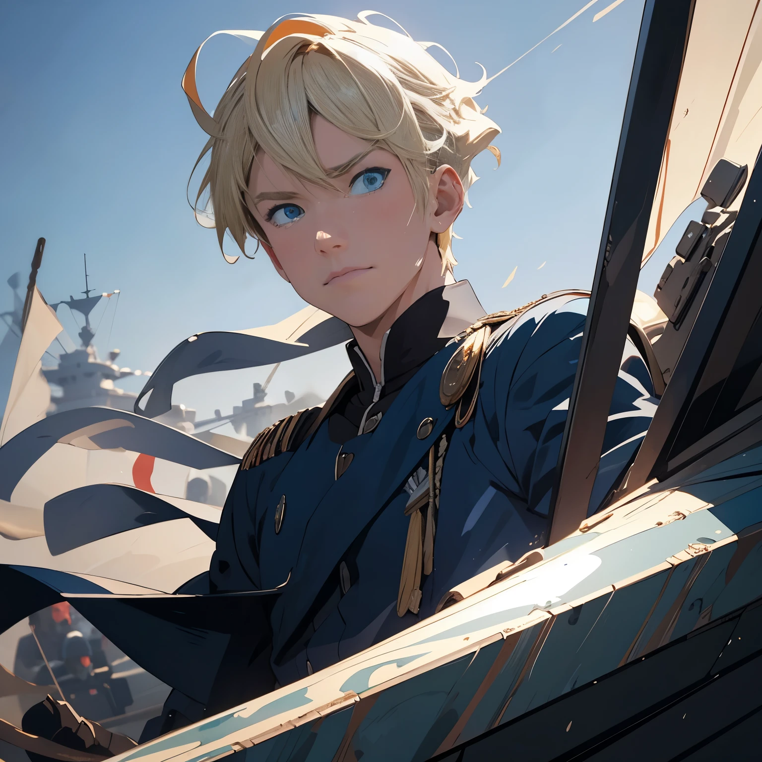 masterpiece, best quality, , 1boy, solo, male focus, looking at viewer, upper body, depth of field, anime coloring, realistic, blonde hair, aqua Blue eyes, Advance Camo Naval Millitary Clothes, Intense war, Detailed face, Detailed Naval Ships, Detailed Situation, Alternate Universe War