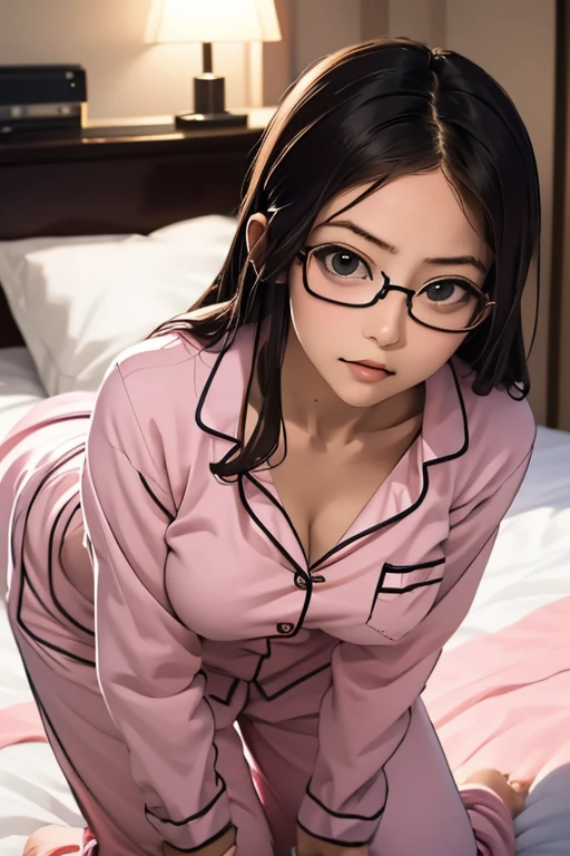 (masterpiece, highest quality), One Girl,  Satou, Satou, Glasses, pajamas, Satou, Glasses, 赤いフレームのGlasses, In bed:1.5,Head to waist,Hotel Rooms,pajamas姿,