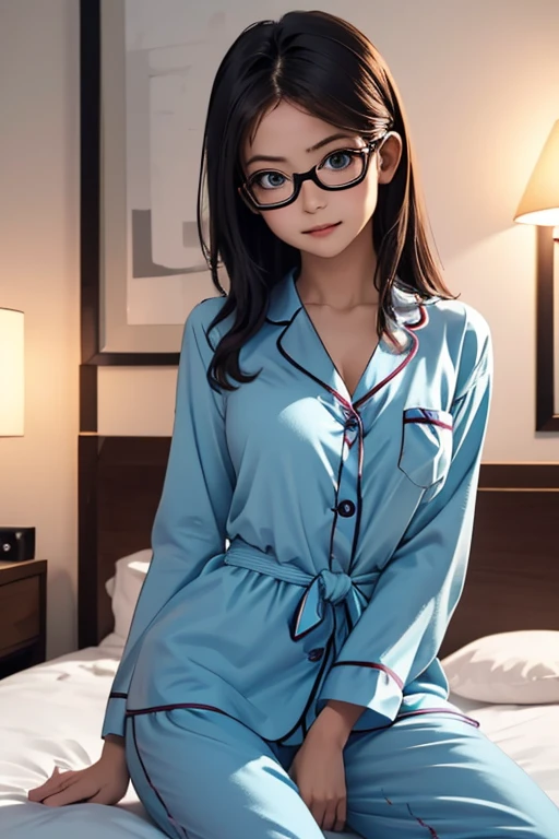 (masterpiece, highest quality), One Girl,  Satou, Satou, Glasses, pajamas, Satou, Glasses, 赤いフレームのGlasses, In bed:1.5,Head to waist,Hotel Rooms,pajamas姿,