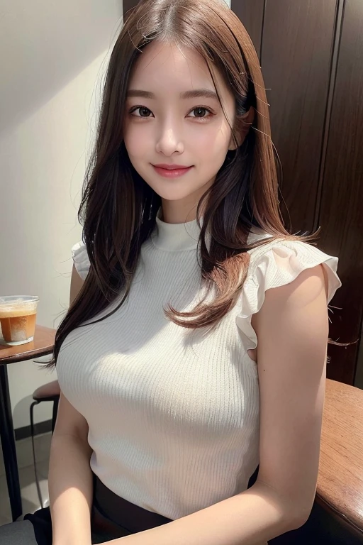 (8K, highest quality, masterpiece:1.2), (Realistic, Photorealistic:1.37), Ultra-detailed, One Girl, cute, solo, Cafe,Dim,Drink iced coffee,((Cheek resting on hand)),((Small breasts)), (Nose blush), (Laughter:1.3), Beautiful and fine details, (Hair length: 1.2), Floating Hair NovaFrogStyle, Upper Body, Short sleeve blouse