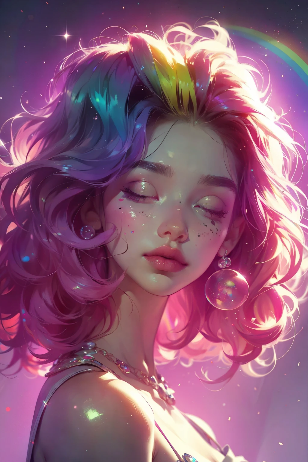 (This is a beautiful rainbow fantasy image that feels interesting and emphasizes glitter and iridescence.) Generate a ((blind)) curvy woman with colorful curly hair and milky white eyes. Her face is important and is perfectly formed with puffy lips and perfect features. (Her eyes are critically important and are (blank) and (solid white)). The image exudes ethereal beauty and soft fantasy. Include sweet and detailed birds and soft, luminous flowers in all the colors of the rainbow. The image's background is decorated in shades of pink, shimmer, glitter, and fantasy details like colored bubbles and cosmos. Utilize dynamic composition to create a compelling and action-packed image. Dramatic lighting and cinematic lighting enhance the woman's beauty and the soft colors in the artwork. (((((Perspective: head on.))))) Include fantasy, cute, colorful, colourful, interesting magic background, ((((blank eyes)))), ((((empty white eyes)))), (shirome eyes:1.3), (smirking), (perfectly rendered solid whiteeyes), ((birthmark on lip)), ((pretty lips)), beautiful background, complex background, sweet background, (((rainbow)))