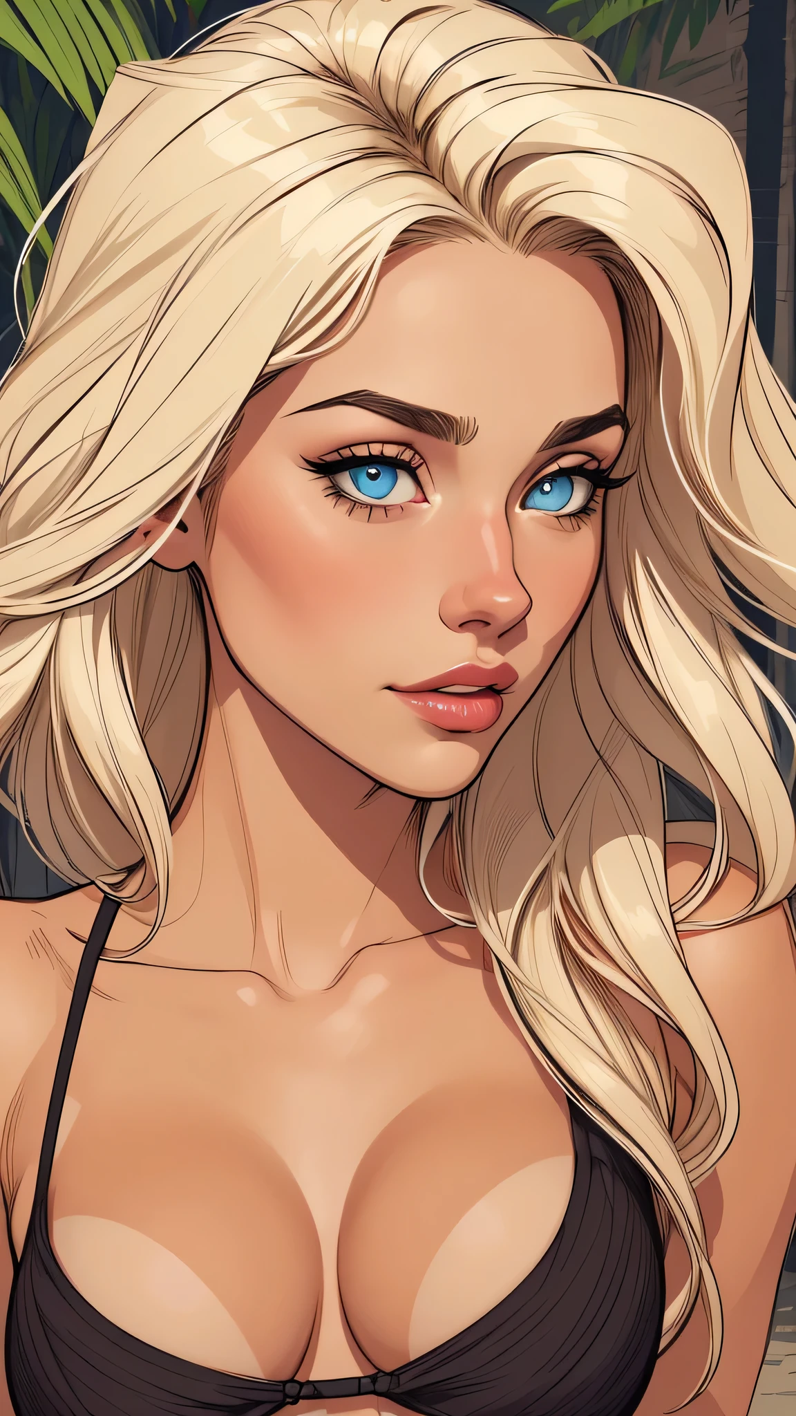 Flat colors,close-up, portrait,  of a 25 year old surfer looking girl, tan skin, ([blue eyes]) Beach blonde salty hair, natural beaty, beautiful, casual,cartoon style illustration,digital illustration style, design de personagens altamente detalhado, arte digital detalhada coragem, Forest fan art, Design de personagens de retrato, beautiful digital illustration, retrato de alta qualidade, Arte em quadrinhos, mulher jovem cabelo com transas lindas . Beautiful lined eyes Medium large bust and wonderful y clothes. image expression of sexsire fr waist to the head illustration 