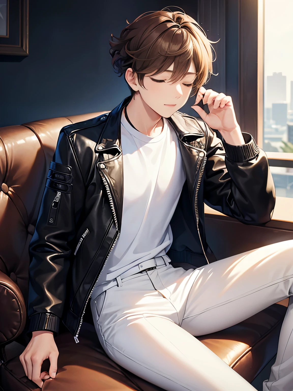 1boy,guy,Sitting, legs cross,closed eyes,half body photo,18 years old,Curly hair,medium hair,undercut hairstyle,light brown hair,black jacket,Leather jacket,white t-shirt,white trousers,morning,ultra detail,masterpiece