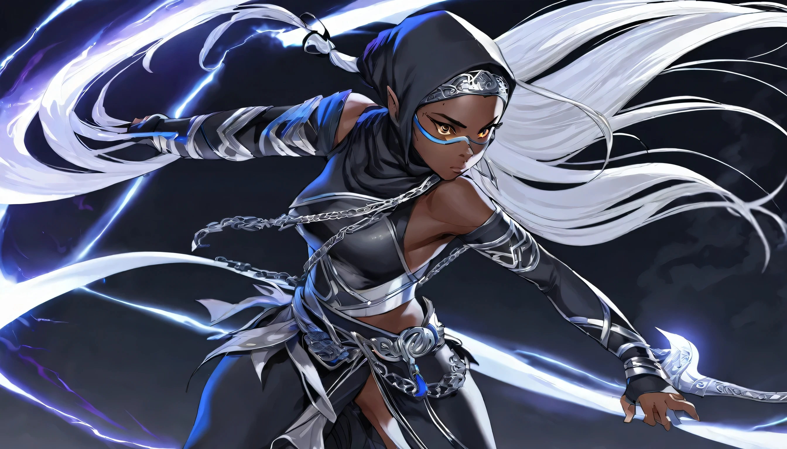 panoramic ((Ninja elf woman style)), side view ((in a ninjai Costume, black mask)) solo ((black skin)) (Dreadlocks:1.3 silver hair long hair beautiful elf woman, detailed silver eyes, 1000 yo, , serious face), ((running with effect wind:1.2)), BREAK, (in the Temple of Darkness, in night), perfect anatomy, masterpiece, best quality, 16k.