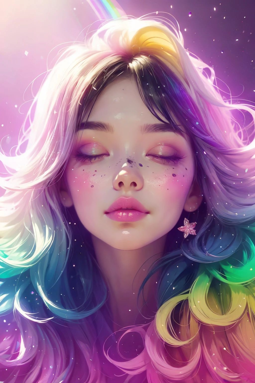 (This is a beautiful rainbow fantasy image that feels interesting and emphasizes glitter and iridescence.) Generate a ((blind)) curvy woman with colorful curly hair and milky white eyes. Her face is important and is perfectly formed with puffy lips and perfect features. (Her eyes are critically important and are (blank) and (solid white)). The image exudes ethereal beauty and soft fantasy. Include sweet and detailed birds and soft, luminous flowers in all the colors of the rainbow. The image's background is decorated in shades of pink, shimmer, glitter, and fantasy details like colored bubbles and cosmos. Utilize dynamic composition to create a compelling and action-packed image. Dramatic lighting and cinematic lighting enhance the woman's beauty and the soft colors in the artwork. (((((Perspective: head on.))))) Include fantasy, cute, colorful, colourful, interesting magic background, ((((blank eyes)))), ((((empty white eyes)))), (shirome eyes:1.3), (smirking), (perfectly rendered solid whiteeyes), ((birthmark on lip)), ((pretty lips)), beautiful background, complex background, sweet background, (((rainbow)))