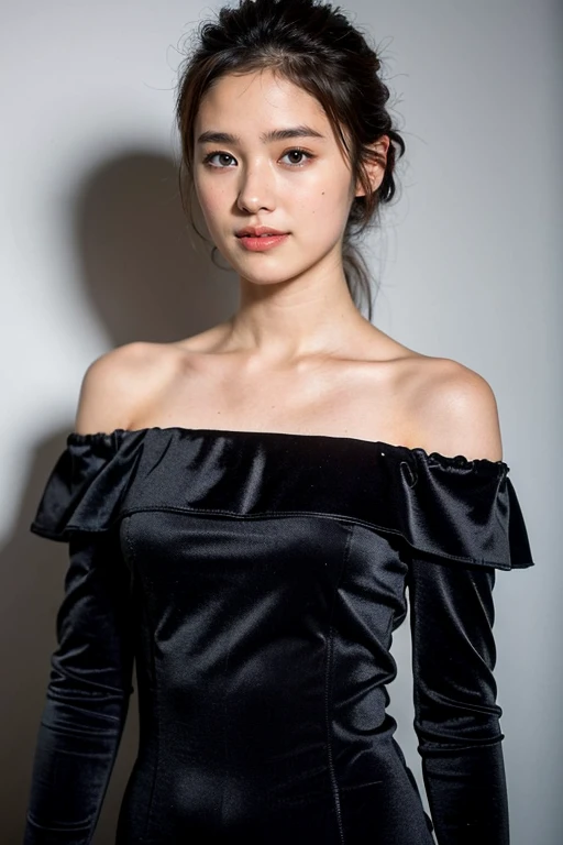 ((highest quality、8k、masterpiece:1.3))、Photorealistic, Sharp focus, high resolution, High resolution,Portraiture, one person、Japanese、woman, beautiful woman, (((black　Off the shoulder　 dress)))、30 years old, Plump, Medium Long Hair,smile