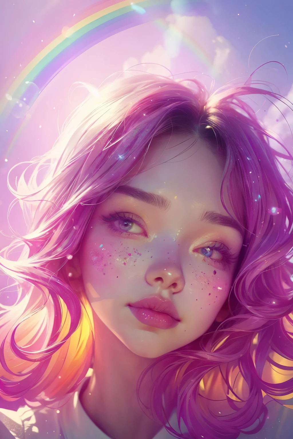 (This is a beautiful rainbow fantasy image that feels interesting and emphasizes glitter and iridescence.) Generate a ((blind)) curvy woman with colorful curly hair and milky white eyes. Her face is important and is perfectly formed with puffy lips and perfect features. (Her eyes are critically important and are (blank) and (solid white)). The image exudes ethereal beauty and soft fantasy. Include sweet and detailed birds and soft, luminous flowers in all the colors of the rainbow. The image's background is decorated in shades of pink, shimmer, glitter, and fantasy details like colored bubbles and cosmos. Utilize dynamic composition to create a compelling and action-packed image. Dramatic lighting and cinematic lighting enhance the woman's beauty and the soft colors in the artwork. (((((Perspective: head on.))))) Include fantasy, cute, colorful, colourful, interesting magic background, ((((blank eyes)))), ((((empty white eyes)))), (shirome eyes:1.3), (smirking), (perfectly rendered solid whiteeyes), ((birthmark on lip)), ((pretty lips)), beautiful background, complex background, sweet background, (((rainbow)))