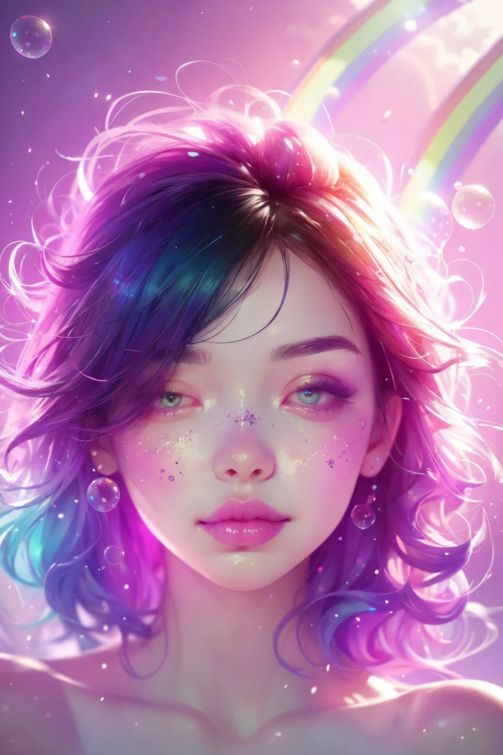 (This is a beautiful rainbow fantasy image that feels interesting and emphasizes glitter and iridescence.) Generate a ((blind)) curvy woman with colorful curly hair and milky white eyes. Her face is important and is perfectly formed with puffy lips and perfect features. (Her eyes are critically important and are (blank) and (solid white)). The image exudes ethereal beauty and soft fantasy. Include sweet and detailed birds and soft, luminous flowers in all the colors of the rainbow. The image's background is decorated in shades of pink, shimmer, glitter, and fantasy details like colored bubbles and cosmos. Utilize dynamic composition to create a compelling and action-packed image. Dramatic lighting and cinematic lighting enhance the woman's beauty and the soft colors in the artwork. (((((Perspective: head on.))))) Include fantasy, cute, colorful, colourful, interesting magic background, ((((blank eyes)))), ((((empty white eyes)))), (shirome eyes:1.3), (smirking), (perfectly rendered solid whiteeyes), ((birthmark on lip)), ((pretty lips)), beautiful background, complex background, sweet background, (((rainbow)))