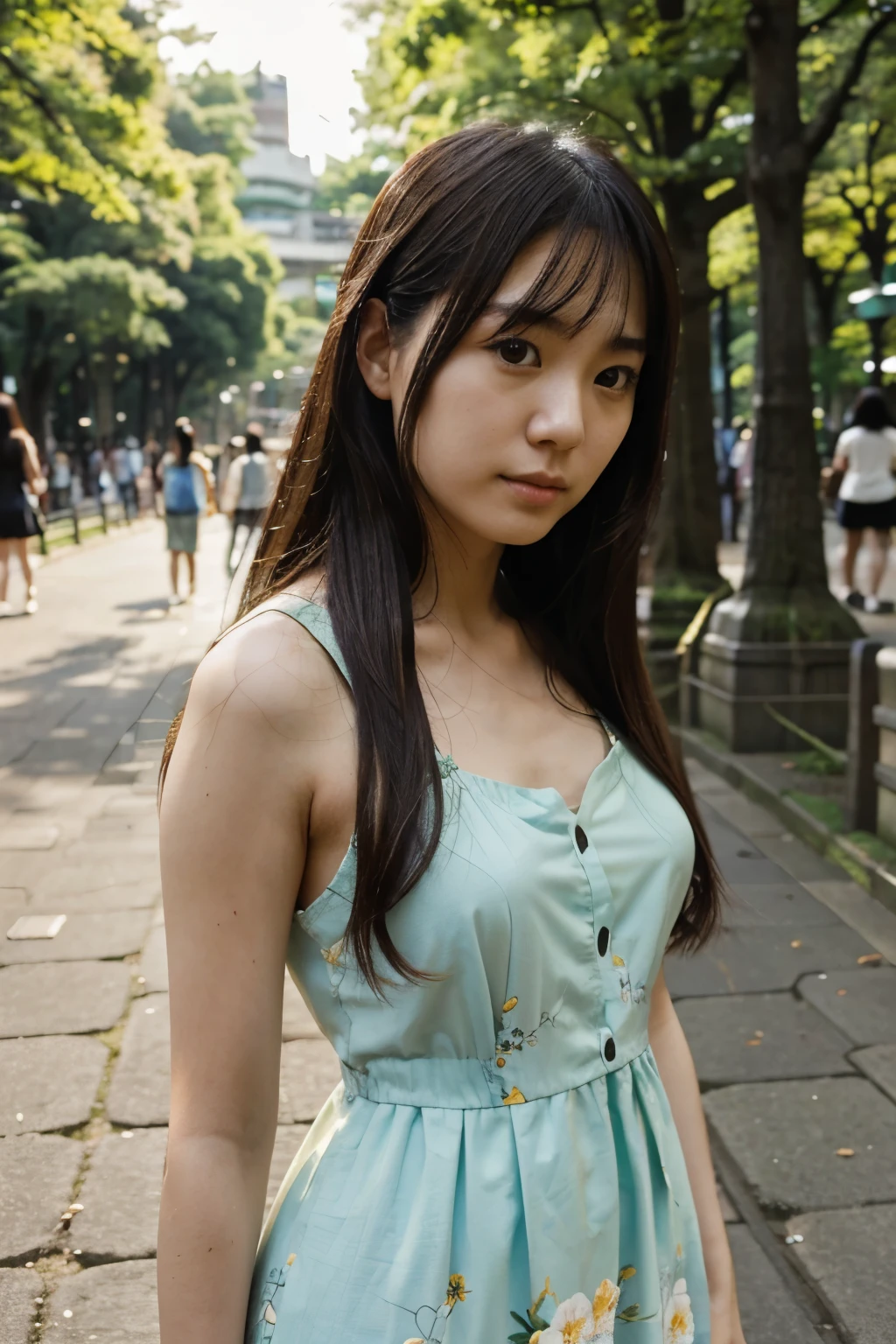 a japanese 25 years old girl with long hair wearing sun dress  in Ueno Park in japan